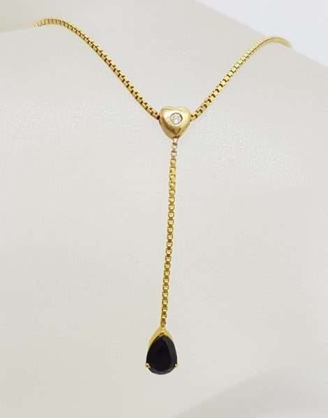 9ct Yellow Gold Long Drop Sapphire and Diamond Heart Necklace / Chain