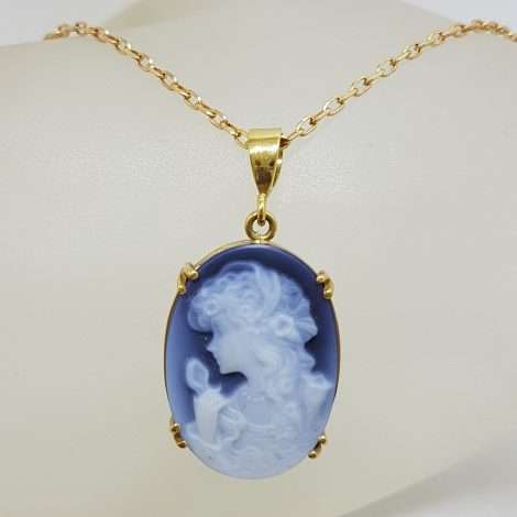 14ct Yellow Gold Blue Agate Oval Cameo Lady Pendant on 9ct Chain