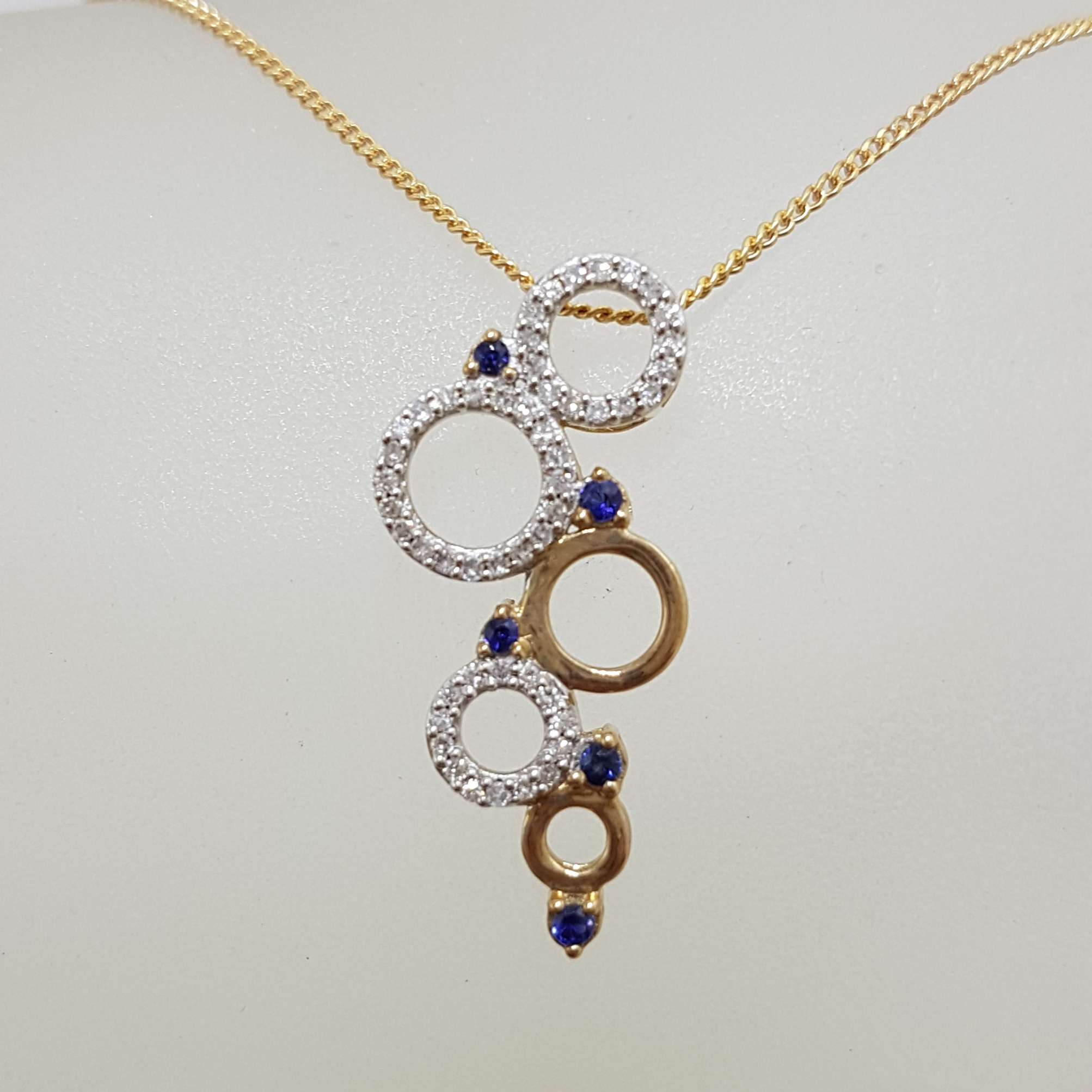 9ct Yellow Gold Sapphire & Diamond Hoops / Rings / Circles Large Pendant on Gold Chain