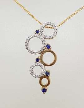 9ct Yellow Gold Sapphire & Diamond Hoops / Rings / Circles Large Pendant on Gold Chain