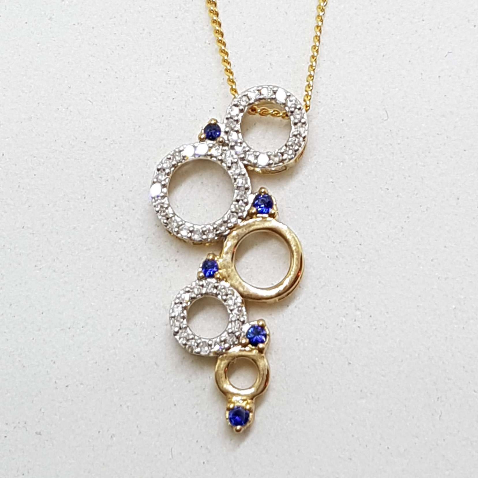 9ct Yellow Gold Sapphire & Diamond Hoops / Rings / Circles Large Pendant on Gold Chain