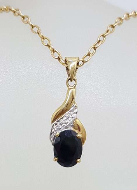9ct Yellow Gold Oval Sapphire and Diamond Twist Pendant on Gold Chain
