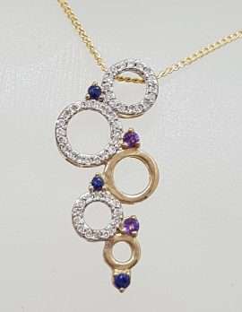 9ct Yellow Gold Sapphire, Diamond and Amethyst Pendant on 9ct Chain