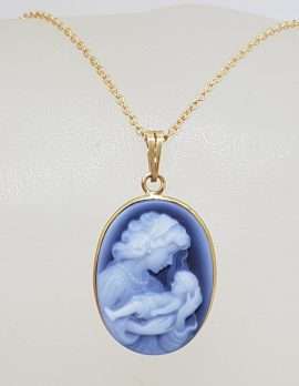14ct Gold Blue Agate Oval Cameo Mother & Child Pendant on 9ct Chain