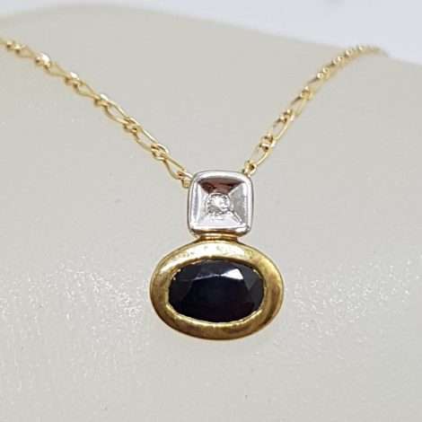 9ct Yellow Gold Oval Sapphire and Diamond Pendant on Gold Chain