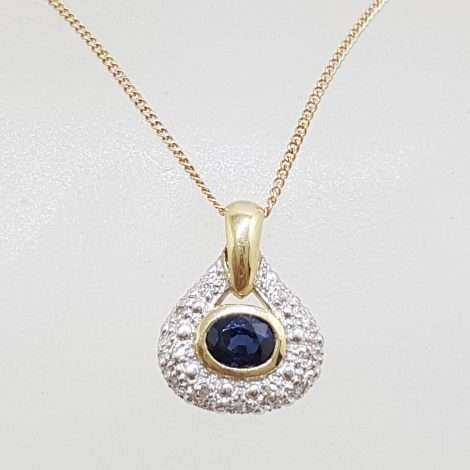 9ct Yellow Gold Sapphire & Diamond Oval Cluster Pendant on Gold Chain
