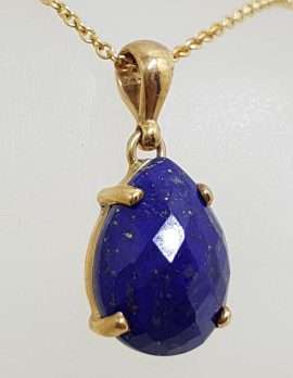 9ct Yellow Gold Faceted Teardrop / Pear Shape Lapis Lazuli Pendant on 9ct Chain
