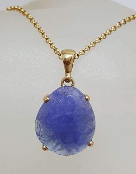 9ct Yellow Gold Large Natural Teardrop / Pear Shape Tanzanite Pendant on Gold Chain