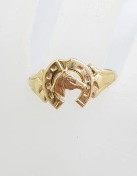 9ct Yellow Gold Horseshoe / Horse Head Ring - Ladies / Gents - Antique / Vintage
