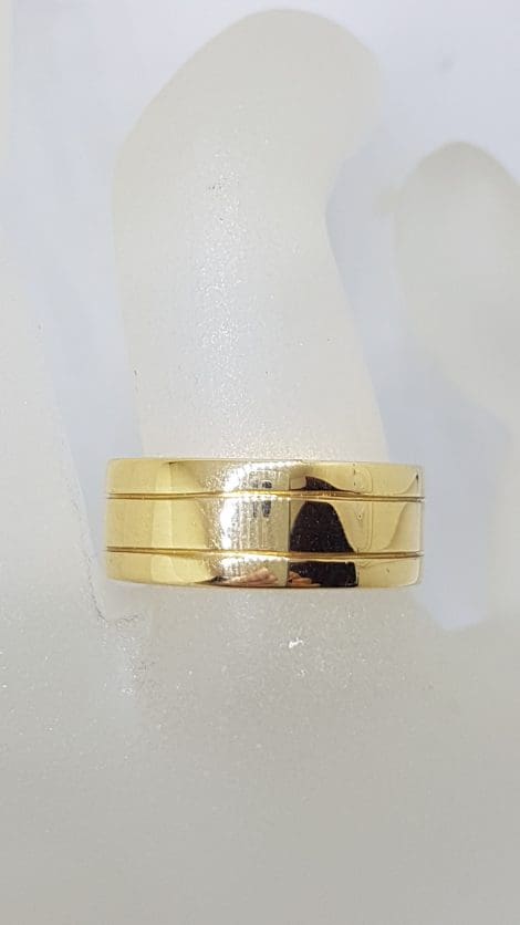 18ct Yellow Gold Line Patterned Wide Wedding Band Ring - Gents / Ladies
