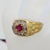 10ct Yellow Gold Red and Clear Cubic Zirconia Gents Ring - Vintage