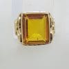 9ct Yellow Gold Rectangular Yellow Stone Ornate Gents Ring - Antique / Vintage