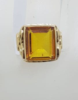 9ct Yellow Gold Rectangular Yellow Stone Ornate Gents Ring - Antique / Vintage