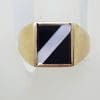 9ct Yellow Gold Rectangular Onyx with Mother of Pearl Stripe Gents Ring - Antique / Vintage