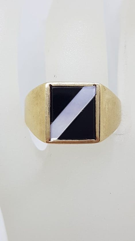 9ct Yellow Gold Rectangular Onyx with Mother of Pearl Stripe Gents Ring - Antique / Vintage
