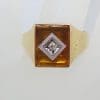 9ct Yellow Gold Rectangular Yellow Stone with Mother of Pearl and CZ Gents Ring - Antique / Vintage