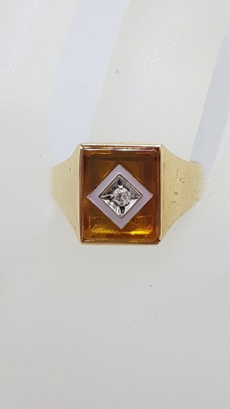 9ct Yellow Gold Rectangular Yellow Stone with Mother of Pearl and CZ Gents Ring - Antique / Vintage