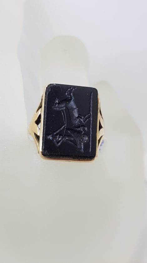 18ct Rose Gold Large Black Onyx Carved Rectangular Ring - Chariot Scene - Antique / Vintage