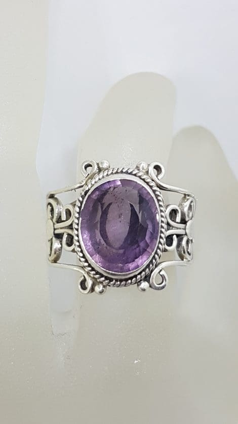 Sterling Silver Large Oval Filigree Design Amethyst Ring