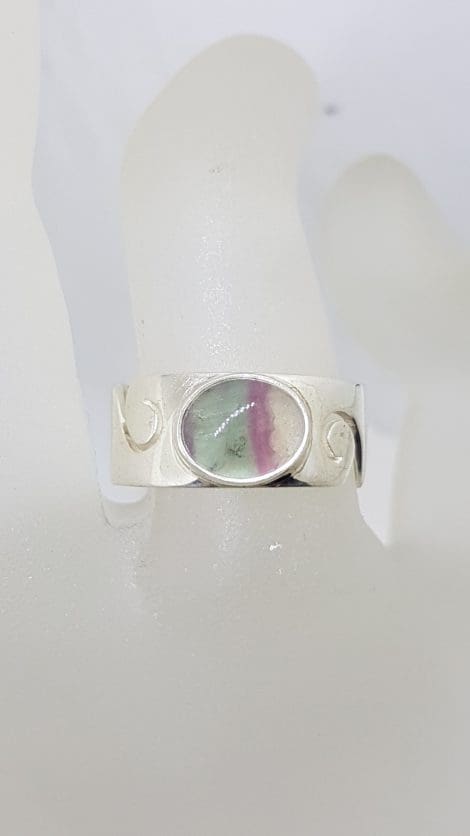 Sterling Silver Oval Fluorite Wide Wave Pattern Band Ring - Ladies / Gents
