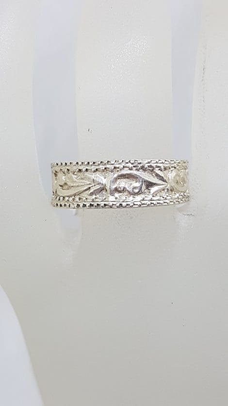 Sterling Silver Ornate Rectangular Wedding Band Ring - Gents / Ladies - Vintage