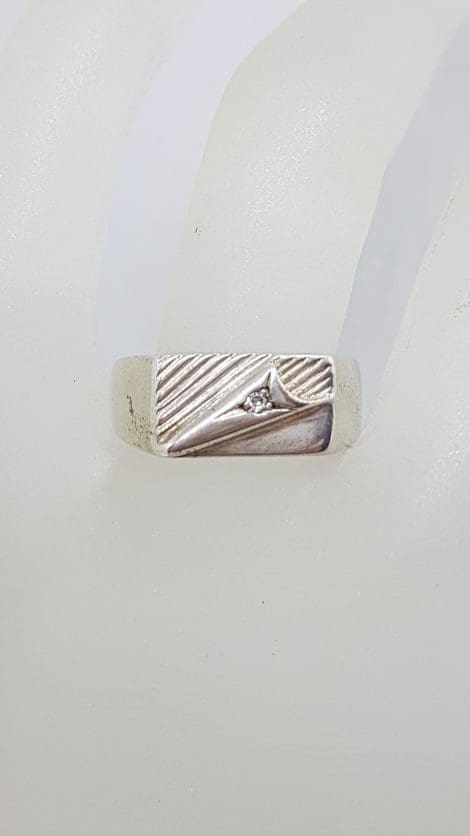 Sterling Silver Rectangular Patterned Cubic Zirconia Gents Ring - Vintage