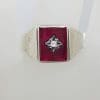 Sterling Silver Rectangular Red with Cubic Zirconia Gents Ring - Vintage