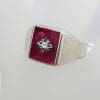 Sterling Silver Rectangular Red with Cubic Zirconia Gents Ring - Vintage