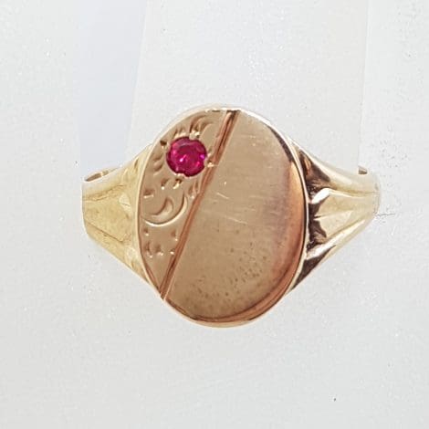 9ct Rose Gold Oval Gents Signet Ring with Ruby - Antique / Vintage