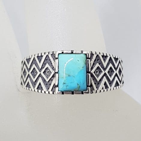 Sterling Silver Rectangular Ornate Design Turquoise Ring - Ladies / Gents