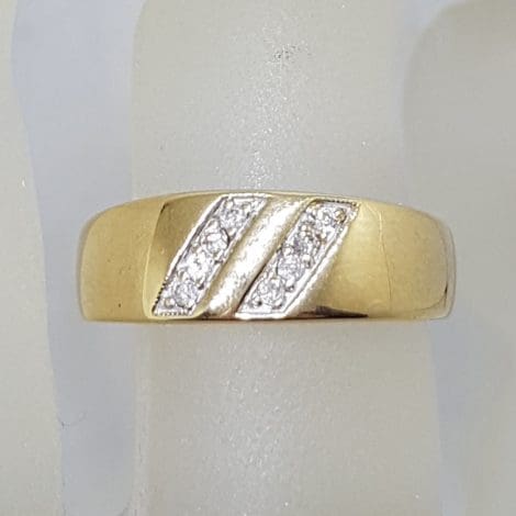 9ct Yellow Gold Diamond Lines Wide Band Ring - Ladies / Gents Ring