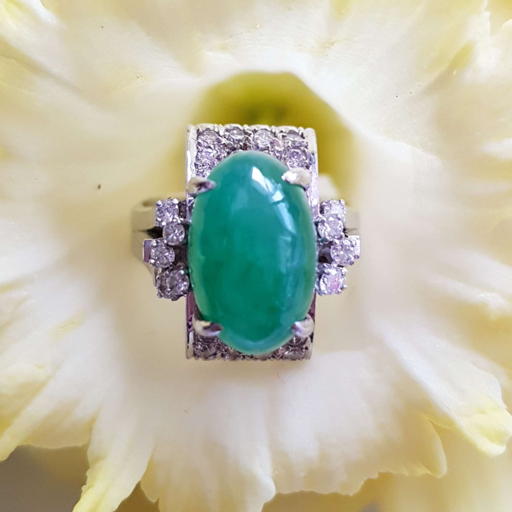 20200913_134402 18ct White Gold Large Oval Jade and Diamond Cluster Ring - Art Deco / Antique