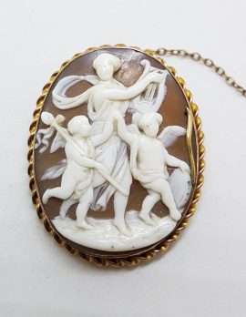 9ct Yellow Gold Large Ornate Goddess with Eros / Angels / Cupids Oval Cameo Brooch - Antique / Vintage