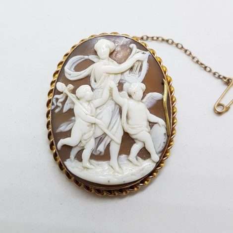 9ct Yellow Gold Large Ornate Goddess with Eros / Angels / Cupids Oval Cameo Brooch - Antique / Vintage