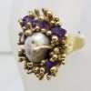 9ct Yellow Gold Very Large Natural Form Amethyst & Pearl Unusual Anemone Shape Cluster Ring