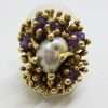 9ct Yellow Gold Very Large Natural Form Amethyst & Pearl Unusual Anemone Shape Cluster Ring