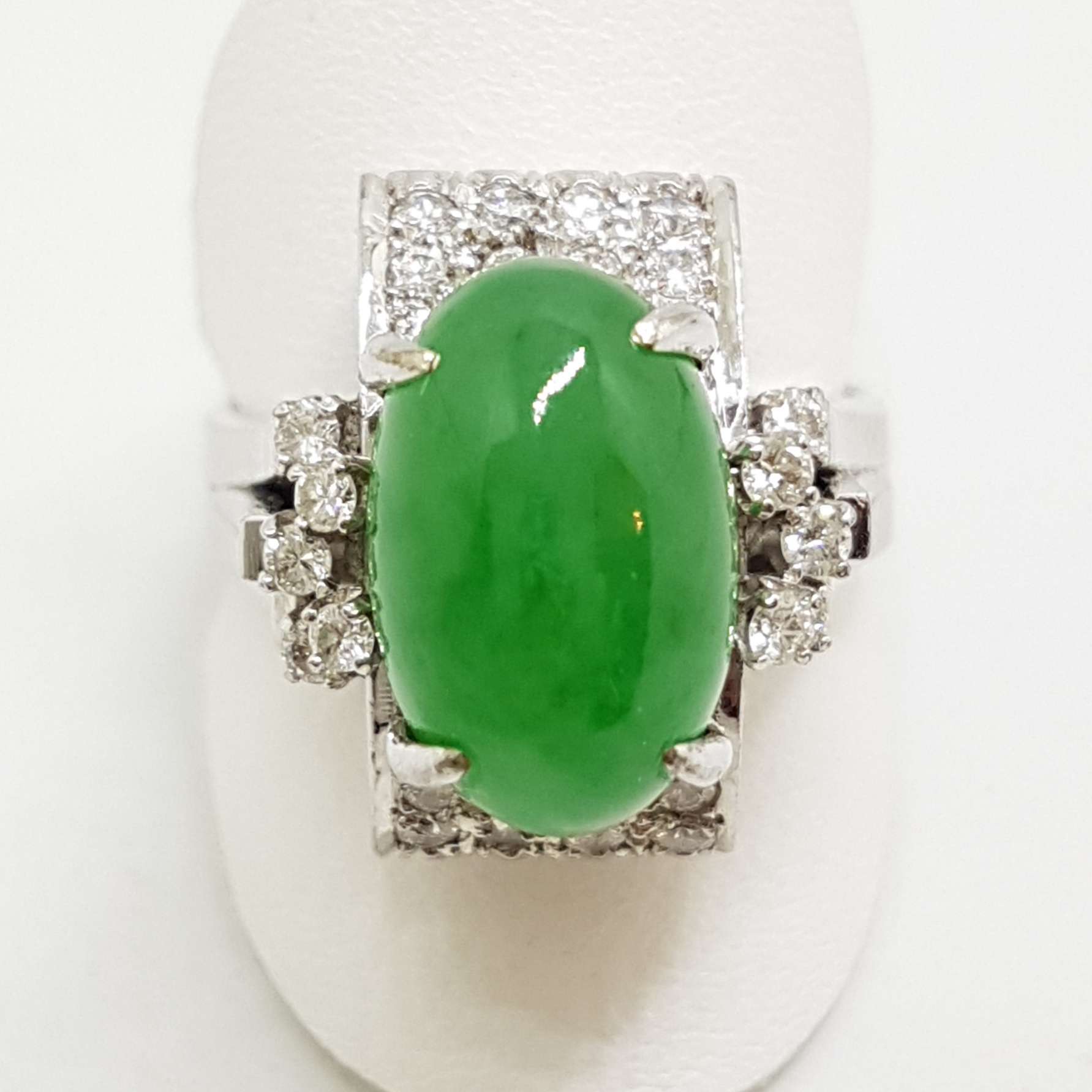 20200914_212547 18ct White Gold Large Oval Jade and Diamond Cluster Ring - Art Deco / Antique