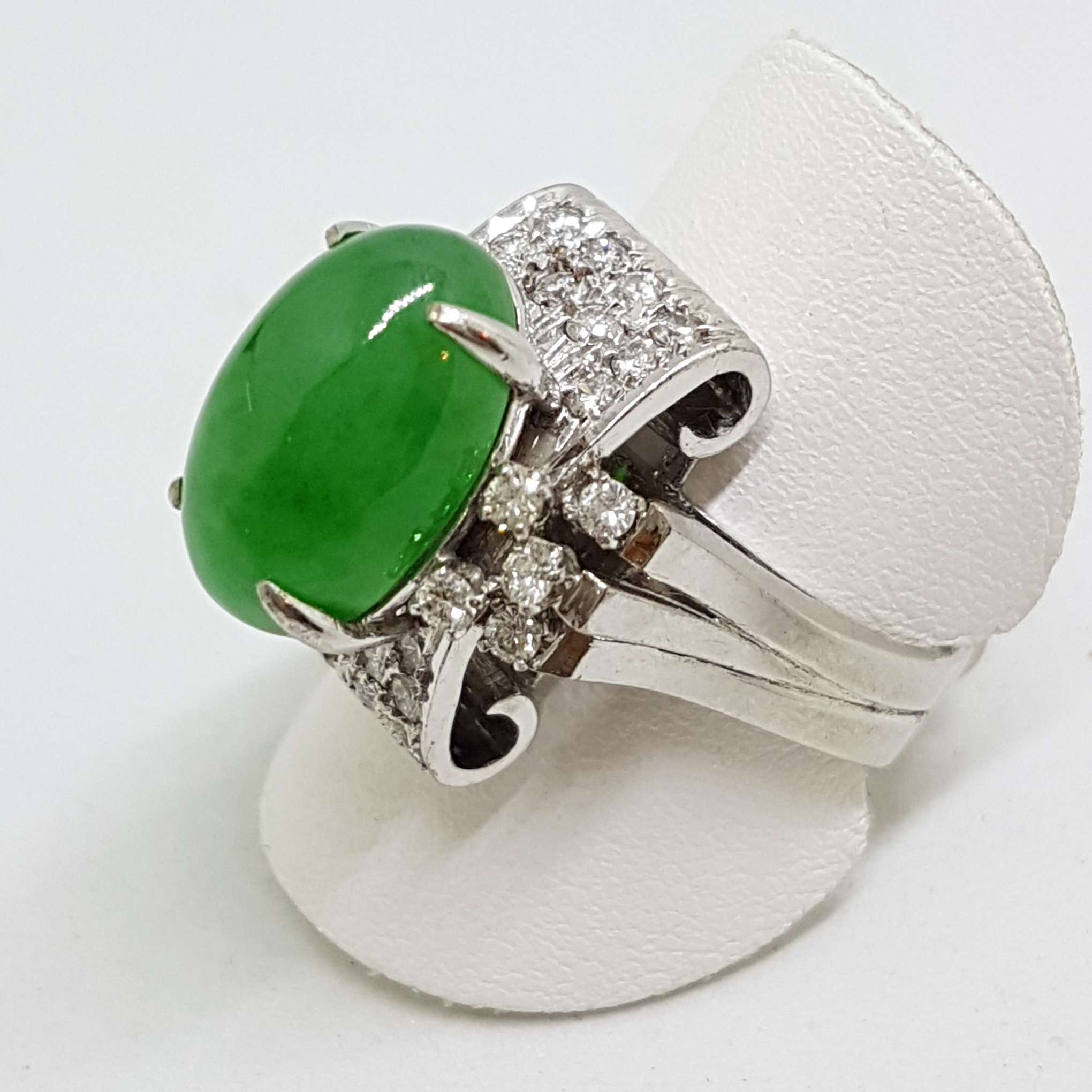 20200914_212623 18ct White Gold Large Oval Jade and Diamond Cluster Ring - Art Deco / Antique