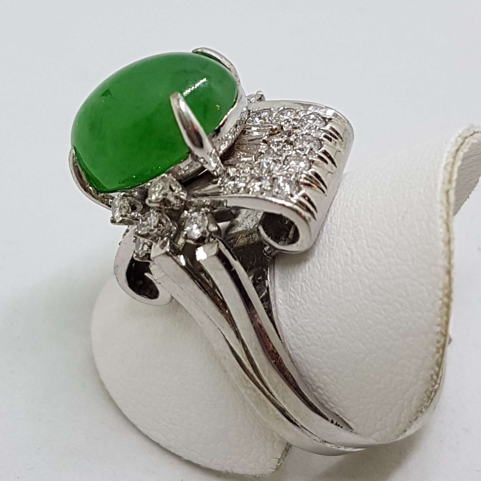 20200914_212641 18ct White Gold Large Oval Jade and Diamond Cluster Ring - Art Deco / Antique