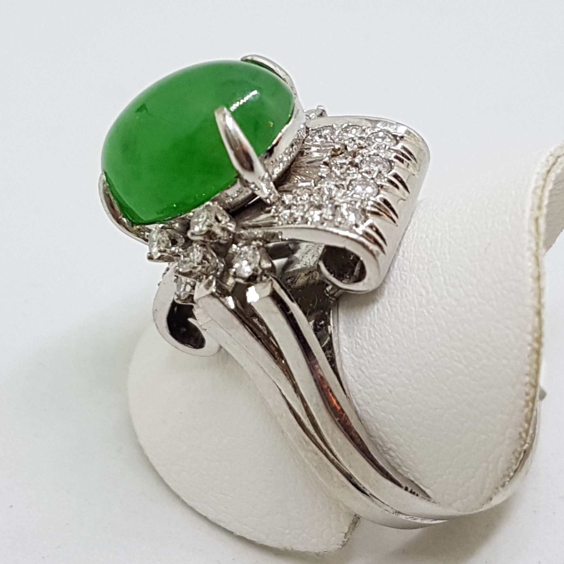 20200914_212658 18ct White Gold Large Oval Jade and Diamond Cluster Ring - Art Deco / Antique