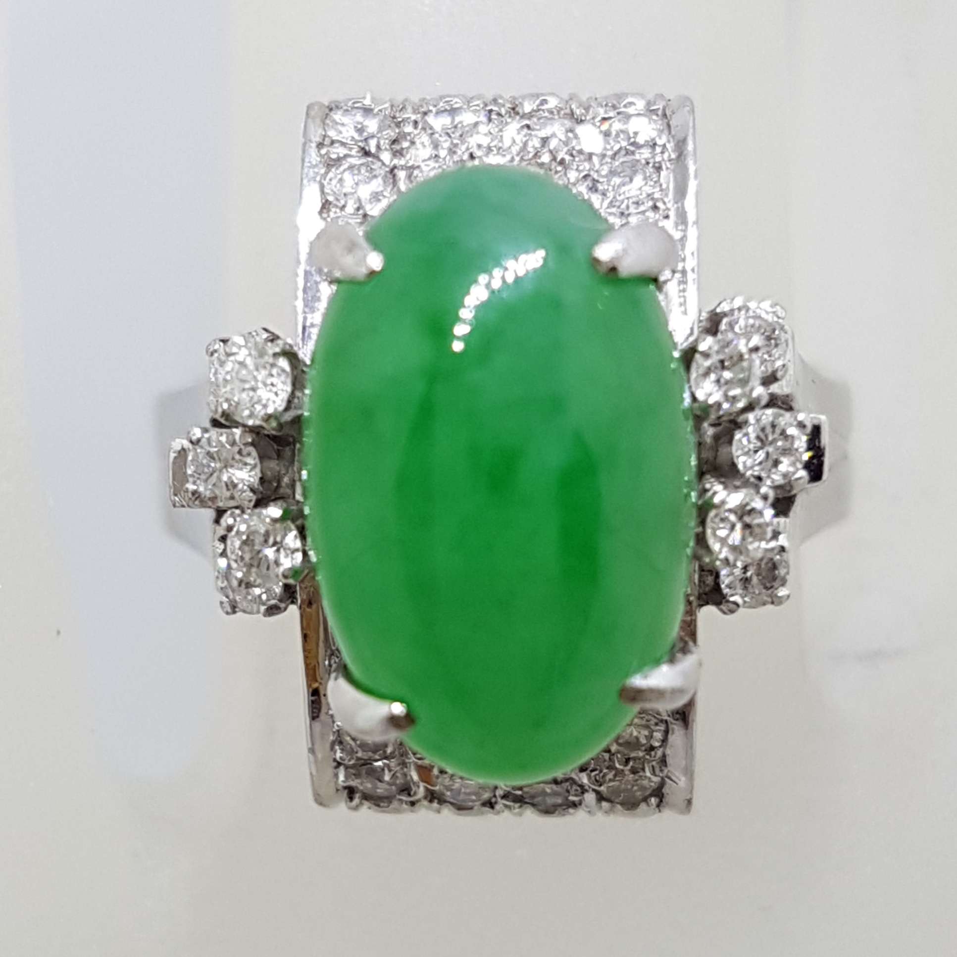 18ct White Gold Large Oval Jade and Diamond Cluster Ring - Art Deco / Antique