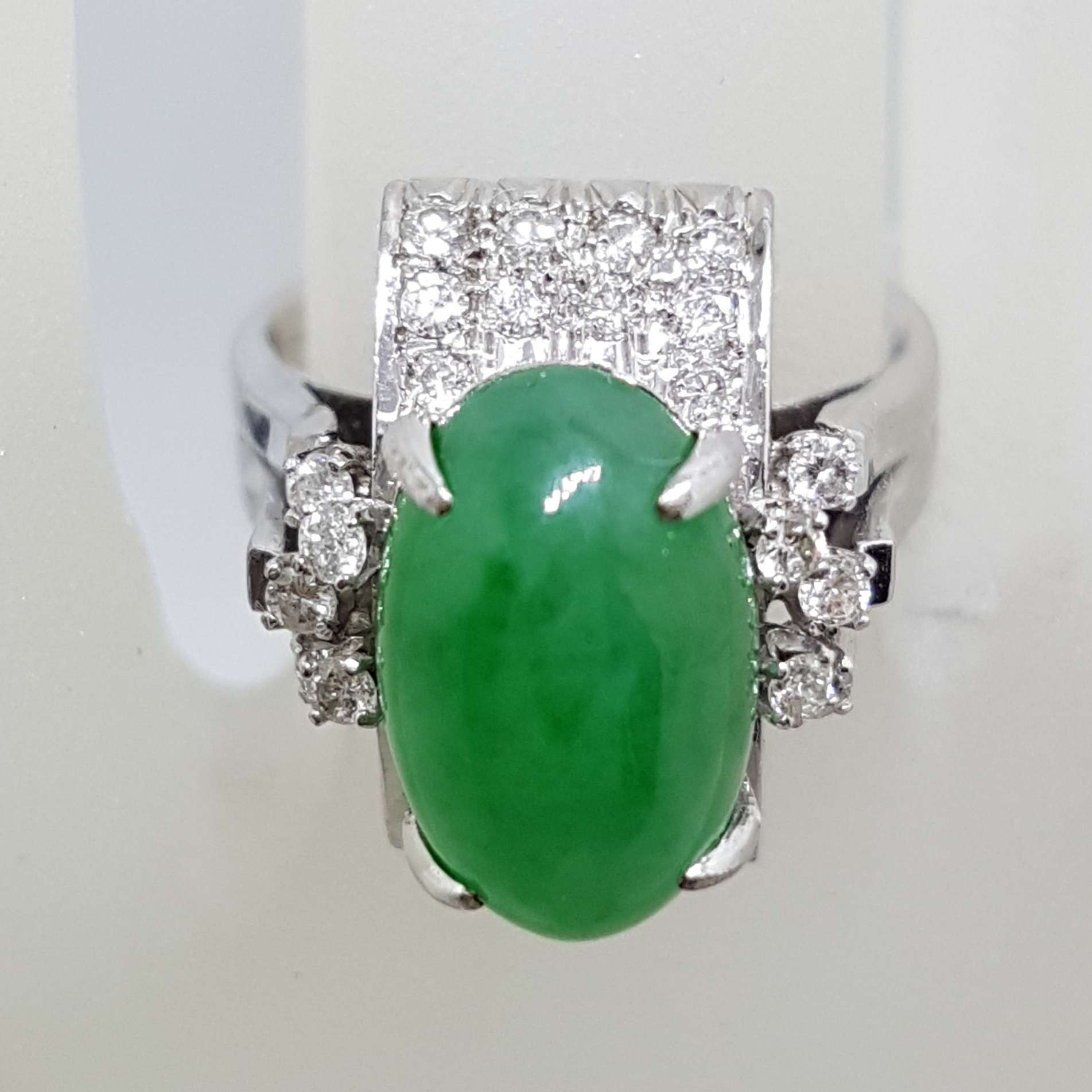20200914_212812 18ct White Gold Large Oval Jade and Diamond Cluster Ring - Art Deco / Antique