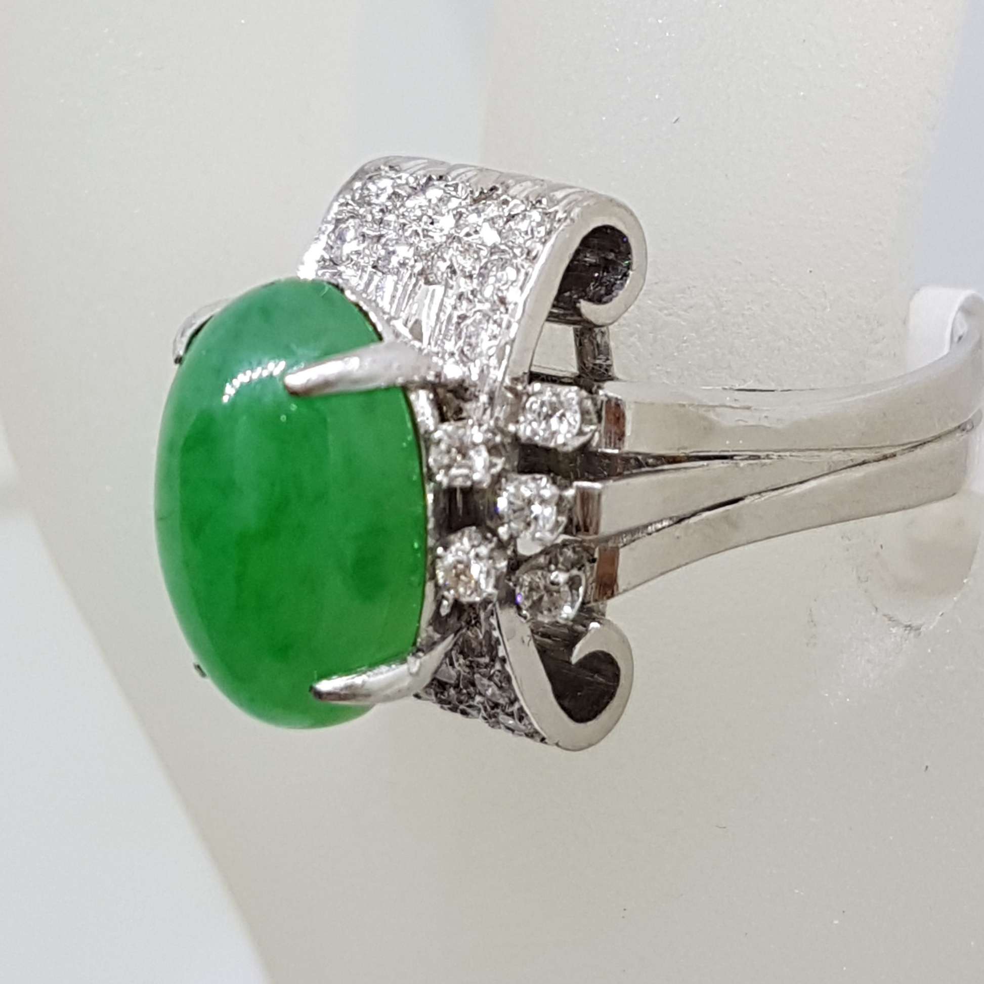 20200914_212846 18ct White Gold Large Oval Jade and Diamond Cluster Ring - Art Deco / Antique
