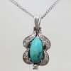 18ct White Gold Turquoise & Diamond Ornate Cluster Pendant on Gold Chain
