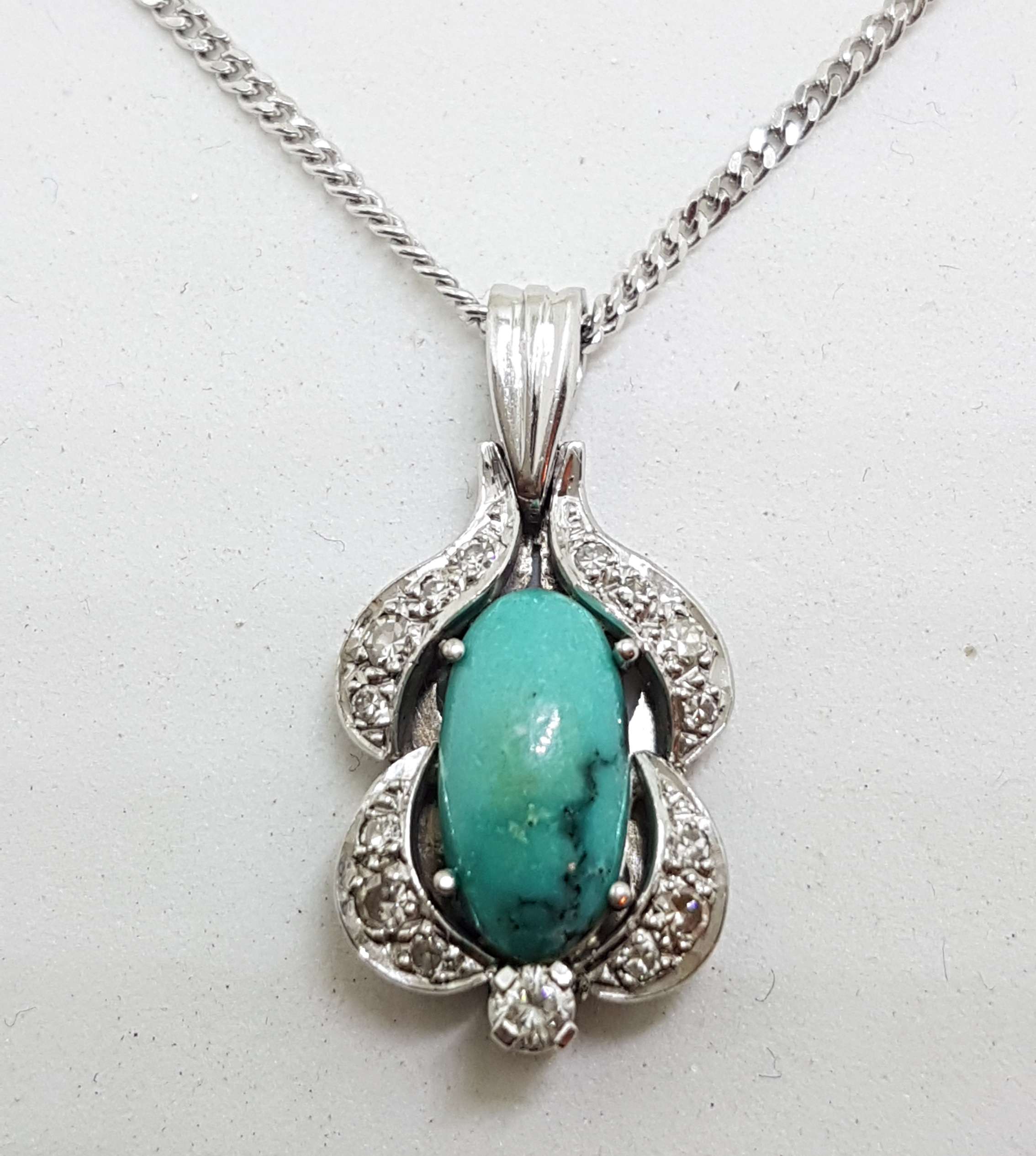 20200914_214356 18ct White Gold Turquoise & Diamond Ornate Cluster Pendant on Gold Chain
