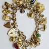9ct Yellow Gold Heavy and Solid Curb Link Charm Bracelet with Heart Padlock - Including Enamel Charms - Antique / Vintage