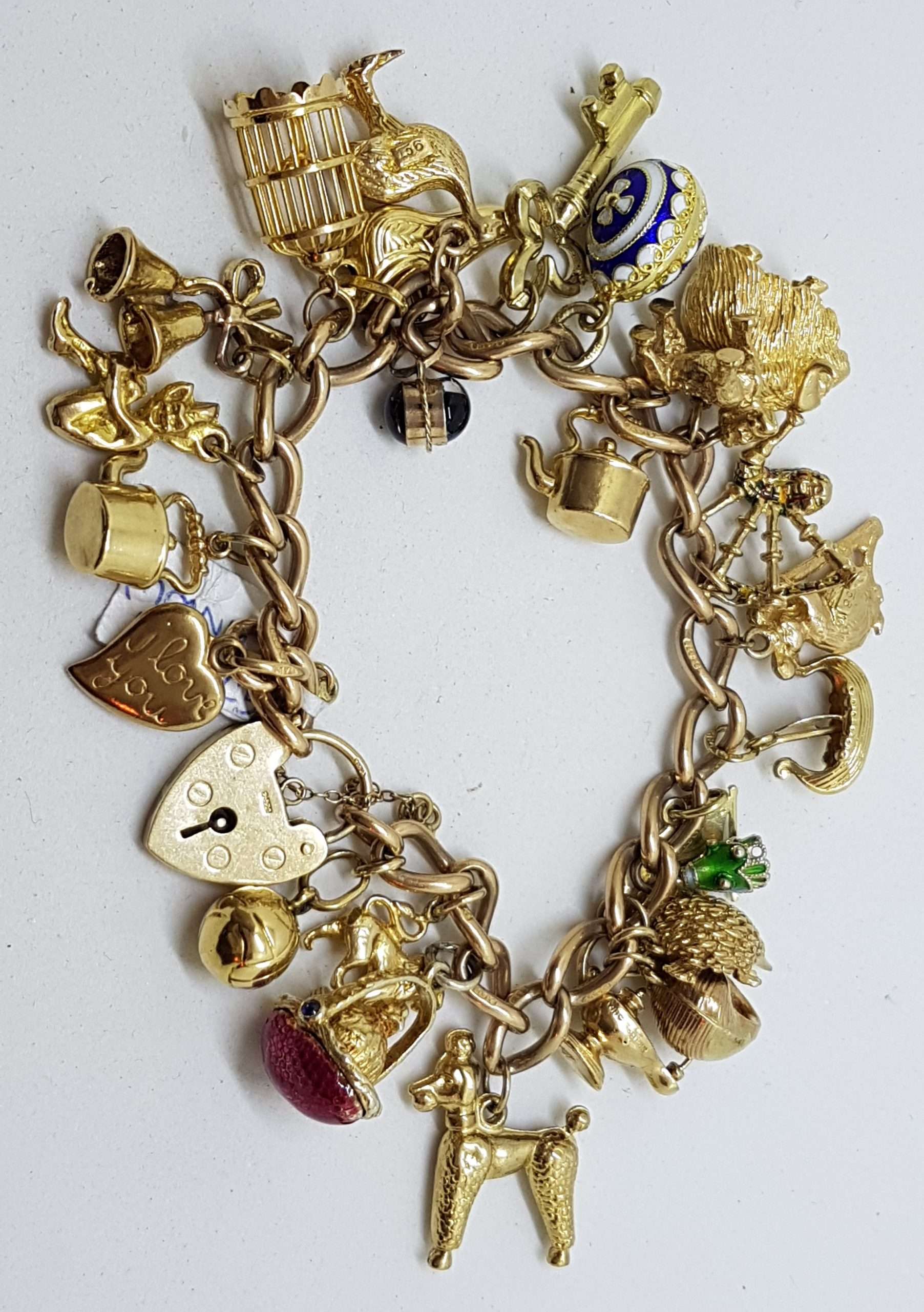 20200914_215201 9ct Yellow Gold Heavy and Solid Curb Link Charm Bracelet with Heart Padlock - Including Enamel Charms - Antique / Vintage