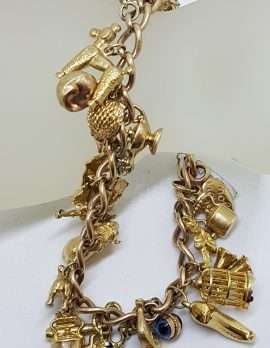 9ct Yellow Gold Heavy and Solid Curb Link Charm Bracelet with Heart Padlock - Including Enamel Charms - Antique / Vintage