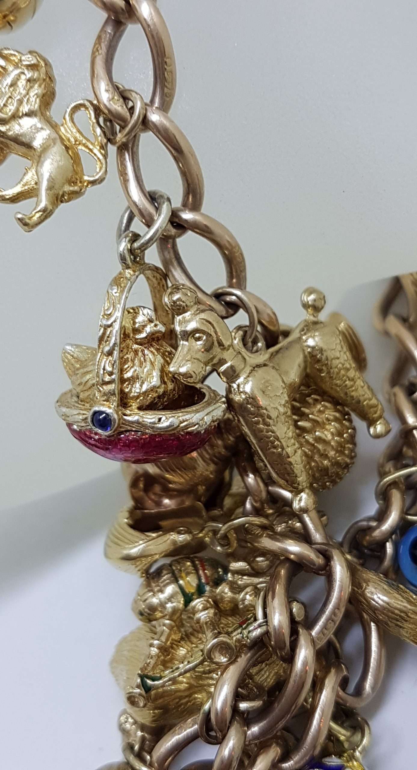 20200914_215336 9ct Yellow Gold Heavy and Solid Curb Link Charm Bracelet with Heart Padlock - Including Enamel Charms - Antique / Vintage