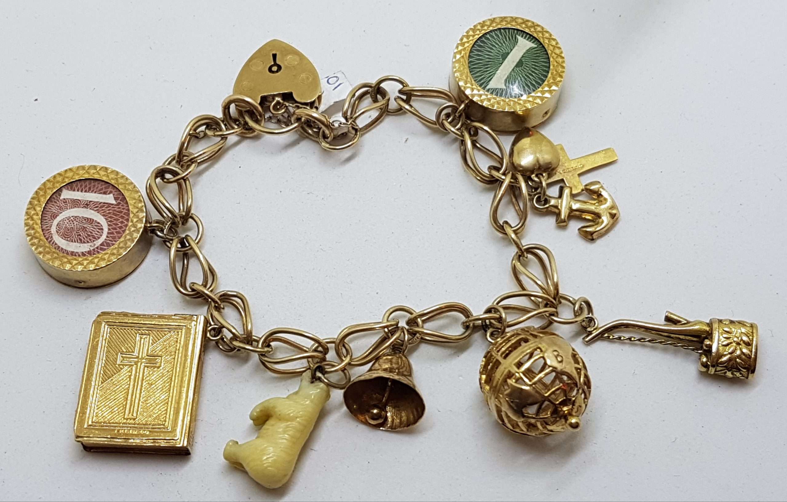 9ct Yellow Gold Charm Bracelet with Heart Padlock - Includes Bank Note Charms - Antique / Vintage